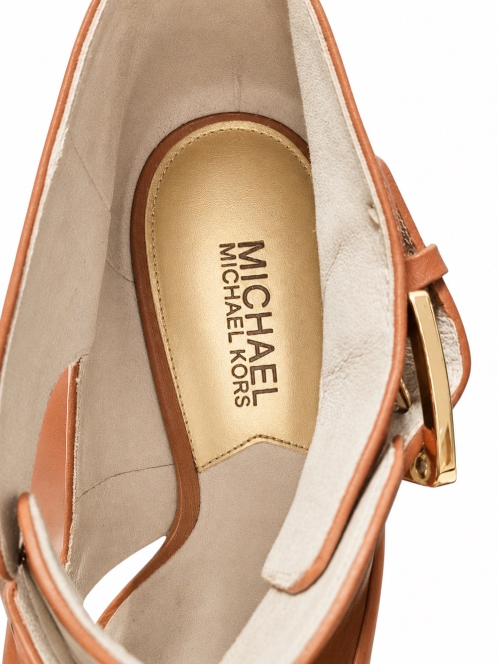 Michael Kors MK Plate Open Toe Cognac Leather Booties Heels Shoes Luggage Tan 7 - Picture 9 of 10